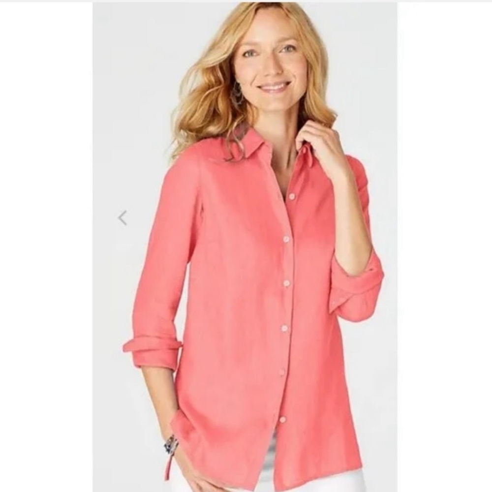 J. Jill Love Linen Essential Shirt Coral Long Sleeve‎ Button Up 3X Breathable